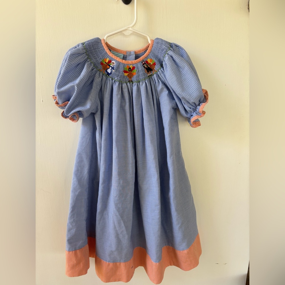 Southern Sunshine Smocked Turkey Dress Girls Blue Gingham Thanksgiving